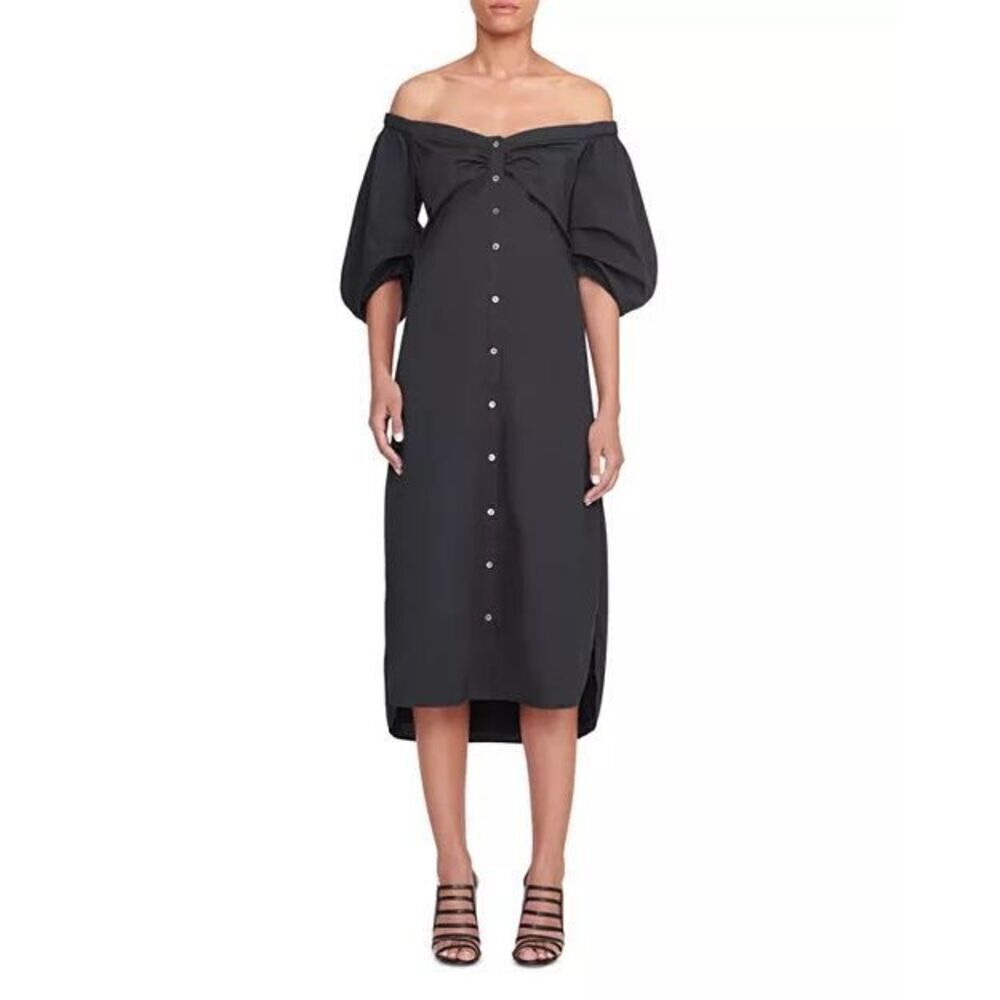 STAUD Reese Women's Black Puff Sleeve Poplin Belted Off-Shoulder Midi Dress Medi